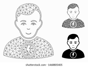 Mesh power man model with triangle mosaic icon. Wire carcass polygonal network of power man. Vector mosaic of triangle elements in variable sizes, and color tinges. Abstract flat mesh power man,