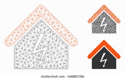 Mesh power station model with triangle mosaic icon. Wire carcass triangular mesh of power station. Vector mosaic of triangle parts in variable sizes, and color tints. Abstract 2d mesh power station,