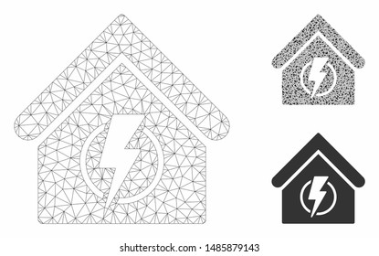 Mesh power supply building model with triangle mosaic icon. Wire carcass triangular mesh of power supply building. Vector mosaic of triangle elements in different sizes, and color tones.