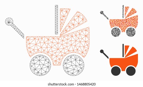 Mesh pram model with triangle mosaic icon. Wire frame triangular mesh of pram. Vector composition of triangle parts in variable sizes, and color tints. Abstract flat mesh pram,