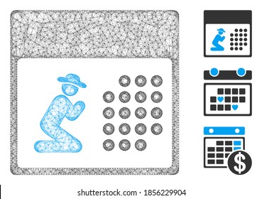 Mesh pray calendar polygonal web 2d vector illustration. Carcass model is based on pray calendar flat icon. Triangular mesh forms abstract pray calendar flat carcass.