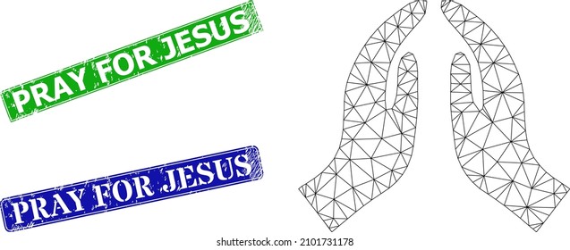Mesh pray hands image, and Pray for Jesus blue and green rectangle unclean watermarks. Mesh carcass image based on pray hands icon. Seals include Pray for Jesus tag inside rectangle shape.