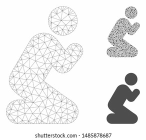 Mesh pray pose model with triangle mosaic icon. Wire frame polygonal mesh of pray pose. Vector composition of triangle parts in different sizes, and color tinges. Abstract flat mesh pray pose,