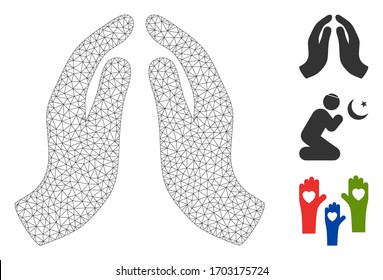 Mesh praying hands polygonal 2d vector illustration. Carcass model is based on praying hands flat icon. Triangle network forms abstract praying hands flat carcass.