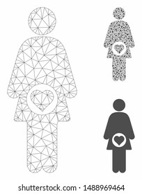 Mesh pregnant woman model with triangle mosaic icon. Wire frame polygonal mesh of pregnant woman. Vector mosaic of triangle elements in variable sizes, and color tones.