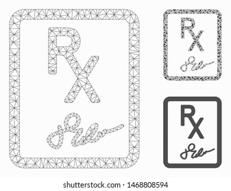 Mesh prescription page model with triangle mosaic icon. Wire carcass triangular network of prescription page. Vector mosaic of triangle elements in various sizes, and color hues.