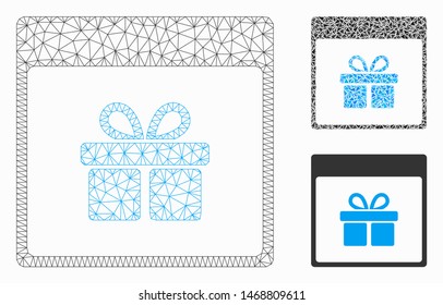 Mesh present box calendar page model with triangle mosaic icon. Wire carcass triangular mesh of present box calendar page. Vector mosaic of triangle elements in variable sizes, and color shades.
