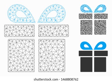 Mesh present model with triangle mosaic icon. Wire carcass polygonal mesh of present. Vector mosaic of triangles in various sizes, and color shades. Abstract 2d mesh present, designed with triangles.