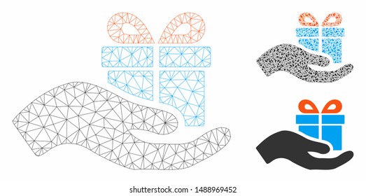 Mesh present model with triangle mosaic icon. Wire carcass polygonal mesh of present. Vector mosaic of triangles in variable sizes, and color tints. Abstract flat mesh present,