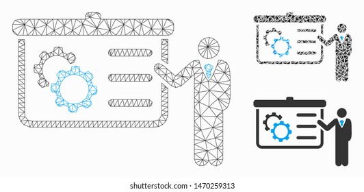 Mesh presentation model with triangle mosaic icon. Wire carcass triangular network of presentation. Vector mosaic of triangle elements in various sizes, and color tints. Abstract 2d mesh presentation,