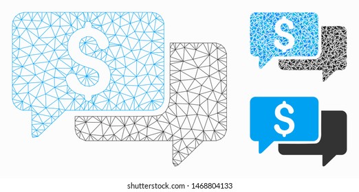 Mesh price bids model with triangle mosaic icon. Wire carcass triangular mesh of price bids. Vector mosaic of triangle parts in various sizes, and color shades. Abstract 2d mesh price bids,