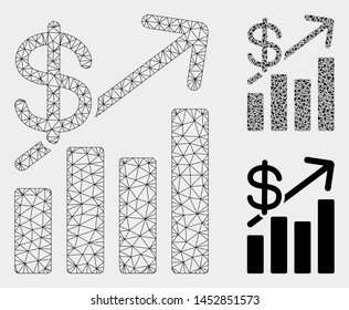 Mesh price growth chart model with triangle mosaic icon. Wire carcass triangular mesh of price growth chart. Vector mosaic of triangle parts in various sizes, and color shades.
