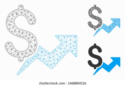 Mesh price growth model with triangle mosaic icon. Wire carcass triangular mesh of price growth. Vector mosaic of triangles in variable sizes, and color hues. Abstract flat mesh price growth,