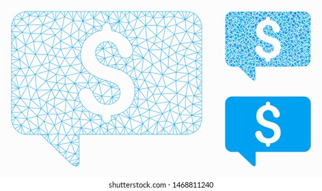 Mesh price message model with triangle mosaic icon. Wire frame polygonal mesh of price message. Vector mosaic of triangle elements in various sizes, and color tinges. Abstract 2d mesh price message,