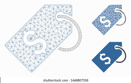 Mesh price tag model with triangle mosaic icon. Wire carcass triangular mesh of price tag. Vector collage of triangle elements in various sizes, and color hues. Abstract 2d mesh price tag,