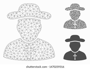 Mesh priest model with triangle mosaic icon. Wire carcass triangular mesh of priest. Vector mosaic of triangle parts in various sizes, and color tones. Abstract flat mesh priest,