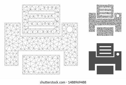 Mesh print model with triangle mosaic icon. Wire frame triangular mesh of print. Vector composition of triangle parts in variable sizes, and color hues. Abstract flat mesh print,