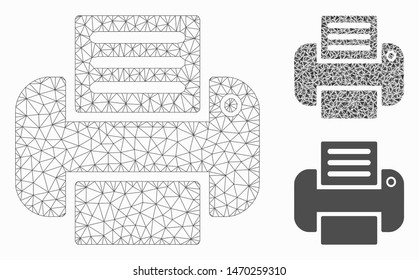 Mesh printer model with triangle mosaic icon. Wire carcass polygonal mesh of printer. Vector mosaic of triangle parts in variable sizes, and color tints. Abstract 2d mesh printer,