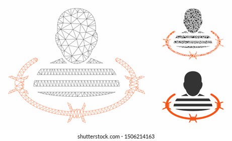 Mesh prison model with triangle mosaic icon. Wire carcass polygonal mesh of prison. Vector mosaic of triangle elements in various sizes, and color shades. Abstract flat mesh prison,