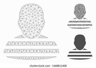 Mesh prisoner person model with triangle mosaic icon. Wire carcass polygonal network of prisoner person. Vector mosaic of triangle elements in variable sizes, and color shades.
