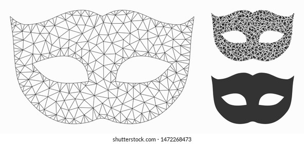 Mesh privacy mask model with triangle mosaic icon. Wire carcass polygonal mesh of privacy mask. Vector mosaic of triangle elements in different sizes, and color tinges. Abstract 2d mesh privacy mask,