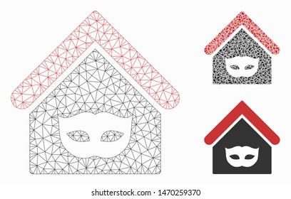 Mesh private party house model with triangle mosaic icon. Wire frame triangular mesh of private party house. Vector mosaic of triangle elements in various sizes, and color shades.