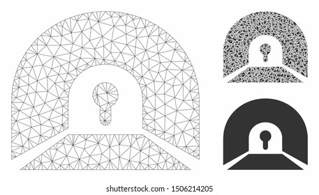 Mesh private tunnel model with triangle mosaic icon. Wire frame polygonal mesh of private tunnel. Vector composition of triangles in different sizes, and color hues. Abstract flat mesh private tunnel,