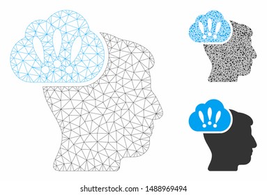 Mesh problem brainstorm model with triangle mosaic icon. Wire frame polygonal mesh of problem brainstorm. Vector mosaic of triangle elements in variable sizes, and color tints.