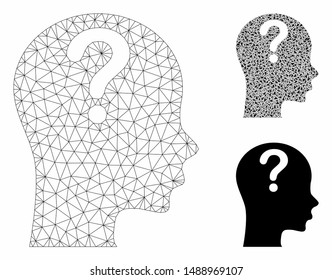 Mesh problem model with triangle mosaic icon. Wire carcass triangular mesh of problem. Vector mosaic of triangle parts in various sizes, and color shades. Abstract 2d mesh problem,