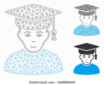 Mesh professor model with triangle mosaic icon. Wire frame polygonal mesh of professor. Vector mosaic of triangle elements in various sizes, and color tones. Abstract flat mesh professor,