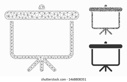 Mesh projection board model with triangle mosaic icon. Wire carcass triangular mesh of projection board. Vector mosaic of triangle parts in various sizes, and color tints.
