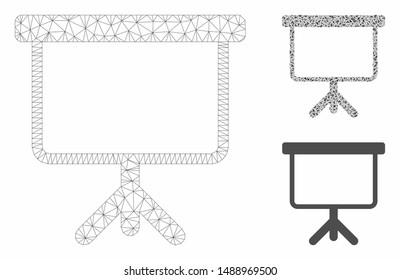 Mesh projection board model with triangle mosaic icon. Wire frame triangular mesh of projection board. Vector mosaic of triangle parts in different sizes, and color tints.