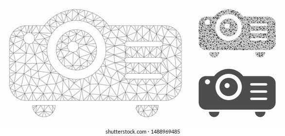 Mesh projector model with triangle mosaic icon. Wire carcass triangular mesh of projector. Vector mosaic of triangle parts in various sizes, and color tinges. Abstract 2d mesh projector,