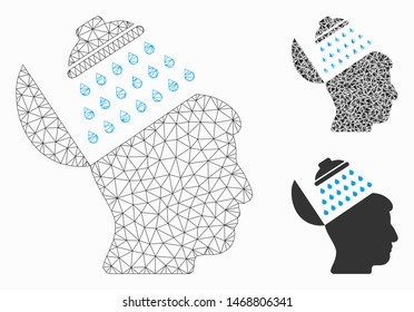 Mesh propaganda brain shower model with triangle mosaic icon. Wire carcass triangular mesh of propaganda brain shower. Vector mosaic of triangle elements in various sizes, and color tinges.