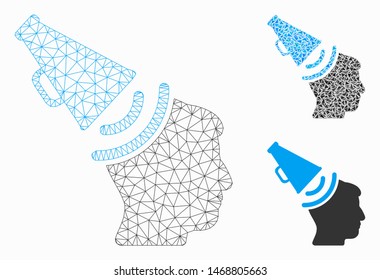 Mesh propaganda megaphone model with triangle mosaic icon. Wire frame polygonal mesh of propaganda megaphone. Vector mosaic of triangles in variable sizes, and color shades.