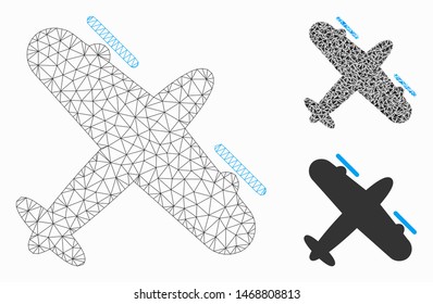 Mesh propeller aircraft model with triangle mosaic icon. Wire frame triangular mesh of propeller aircraft. Vector mosaic of triangle parts in various sizes, and color tints.