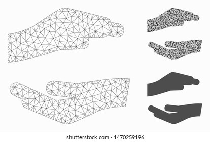 Mesh protecting hands model with triangle mosaic icon. Wire frame triangular mesh of protecting hands. Vector mosaic of triangle elements in various sizes, and color hues.
