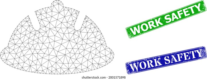 Mesh Schutzhelm-Bild, und Arbeit Sicherheit blau und grün rechteckige unleane Robbenimitationen. Die Mesh-Wireframe-Illustration basiert auf Schutzhelm-Icon.