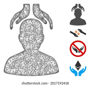 Ilustración vectorial de las manos psiquiátricas de malla web. El modelo de canal se basa en un icono de mano plana psiquiátrica. La red forma la psiquiatría abstracta manos de canal plano.