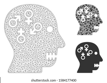 Mesh psychosexual disorder model with triangle mosaic icon. Wire frame triangular mesh of psychosexual disorder. Vector mosaic of triangle parts in variable sizes, and color hues.
