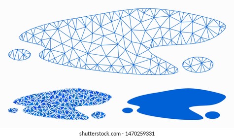 Mesh puddle model with triangle mosaic icon. Wire frame polygonal mesh of puddle. Vector composition of triangle parts in various sizes, and color tinges. Abstract flat mesh puddle,