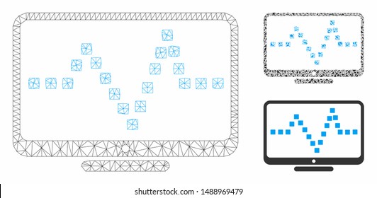 Mesh pulse monitoring model with triangle mosaic icon. Wire carcass triangular mesh of pulse monitoring. Vector mosaic of triangle parts in variable sizes, and color tinges.
