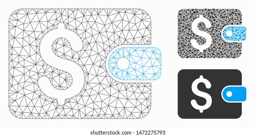Mesh purse model with triangle mosaic icon. Wire frame triangular mesh of purse. Vector collage of triangle parts in variable sizes, and color tints. Abstract 2d mesh purse,