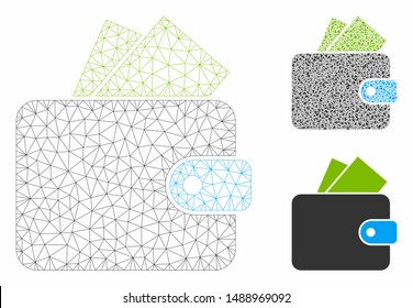 Mesh purse model with triangle mosaic icon. Wire carcass polygonal network of purse. Vector mosaic of triangle elements in variable sizes, and color shades. Abstract flat mesh purse,