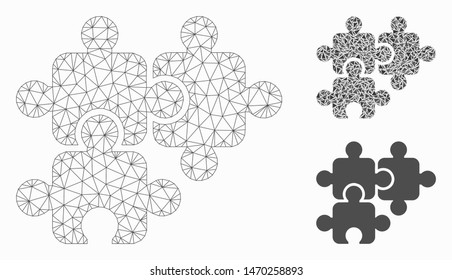 Mesh puzzle elements model with triangle mosaic icon. Wire frame polygonal mesh of puzzle elements. Vector mosaic of triangle elements in variable sizes, and color tones.