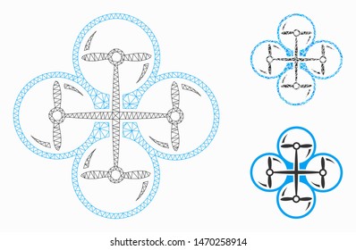 Mesh quad copter model with triangle mosaic icon. Wire carcass polygonal mesh of quad copter. Vector mosaic of triangle elements in various sizes, and color tints. Abstract 2d mesh quad copter,