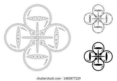 Mesh quadcopter flight model with triangle mosaic icon. Wire carcass triangular mesh of quadcopter flight. Vector mosaic of triangle elements in different sizes, and color tones.