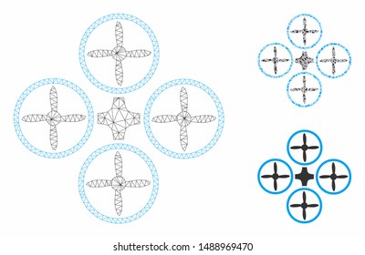 Mesh quadcopter model with triangle mosaic icon. Wire carcass triangular mesh of quadcopter. Vector mosaic of triangle parts in different sizes, and color shades. Abstract flat mesh quadcopter,