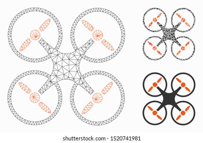 Mesh quadcopter model with triangle mosaic icon. Wire carcass triangular mesh of quadcopter. Vector mosaic of triangle elements in variable sizes, and color tinges. Abstract 2d mesh quadcopter,