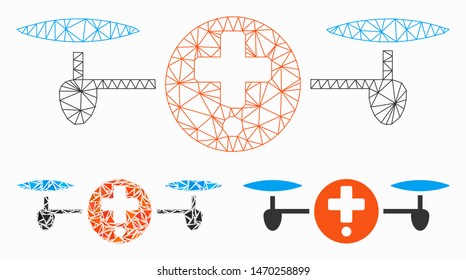 Mesh quadcopter pharmacy model with triangle mosaic icon. Wire carcass triangular mesh of quadcopter pharmacy. Vector mosaic of triangle elements in different sizes, and color hues.